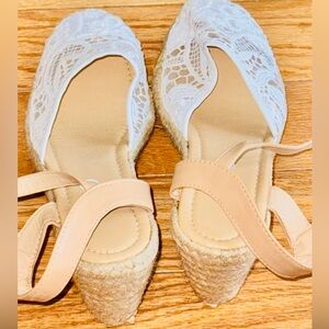 Women's White Lace Espadrille Wedge Sandals with Nude Ankle Strap